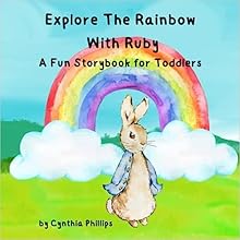 Ruby the Rabbit stands smiling under a bright rainbow in a blue sky, ready to explore colors with her animal friends.