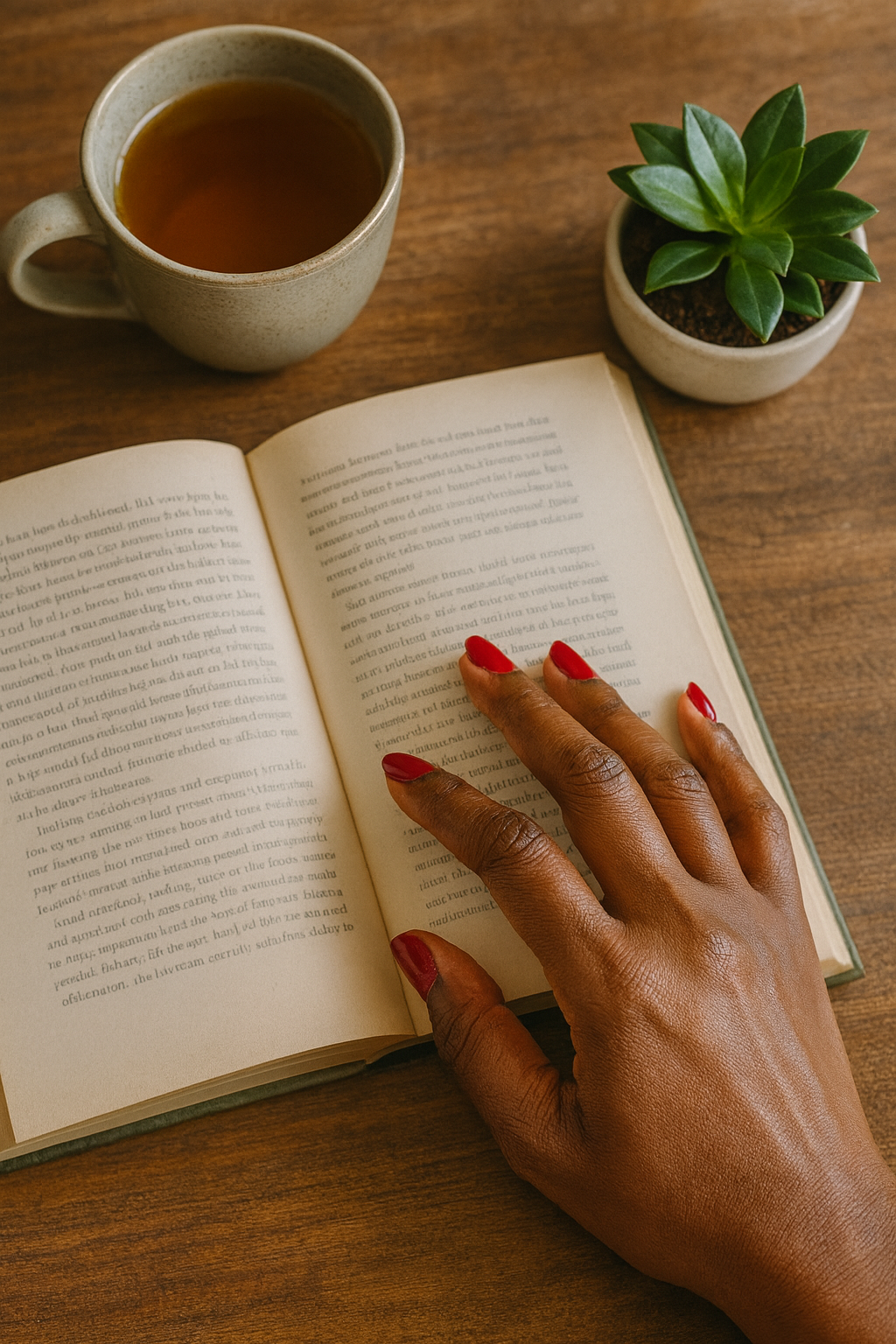 A woman’s hand with red nails turns a page of an open book beside tea and a small green plant on a wooden table.